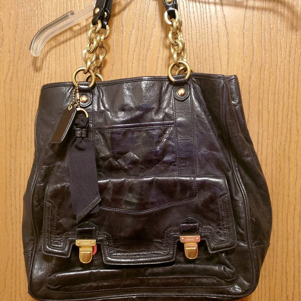 Leather Coach Satchel 13"x12"x4" M1169-17924 black w fuscia (see description)